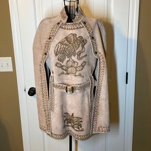 Vintage leather cape - crazy pyrography - beautiful Mexican designs